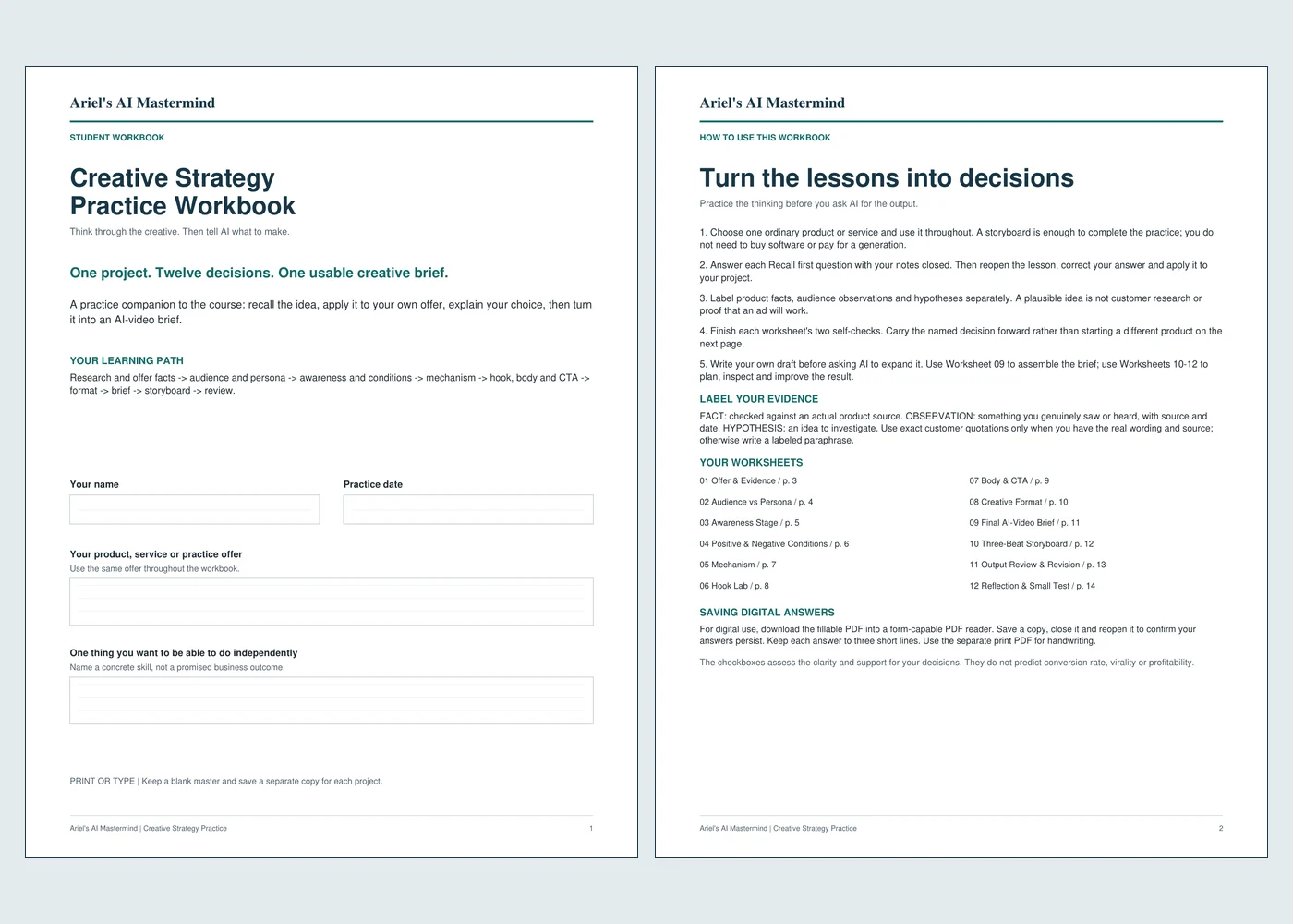 Preview of actual Ariel's AI Mastermind workbook and creative-strategy exercise pages